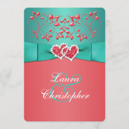 Koraal Blauwgroen Floral Joined Hearts Wedding Inv Kaart