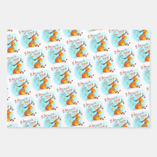 Koraal Blauwgroen Goud Glitter Oh Deer Gelukkig Ni Inpakpapier Vel (Voorkant 3)