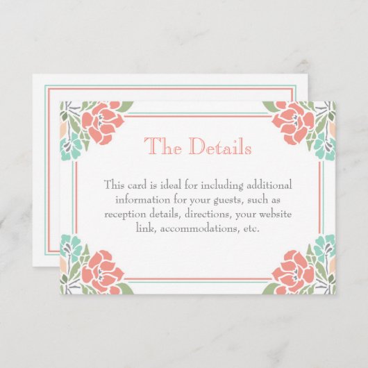 Koraal - Blauwgroen groen - hedendaags huwelijk Informatiekaartje (Voorkant / Achterkant)