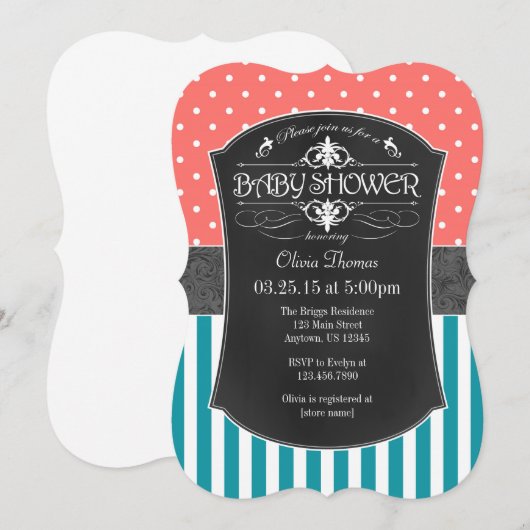 Koraal Blauwgroen Krijtbord Stripes Baby shower Ui Kaart (Voorkant / Achterkant)