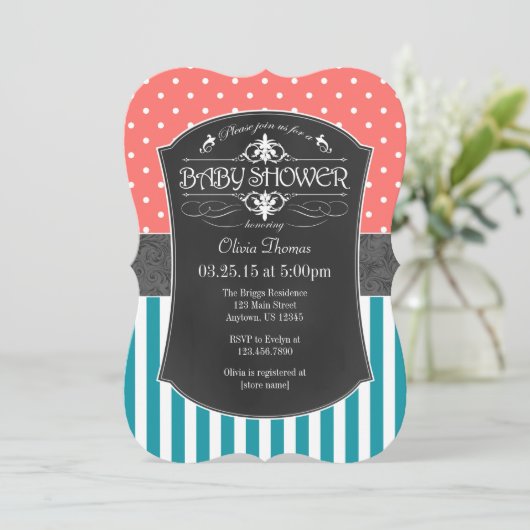 Koraal Blauwgroen Krijtbord Stripes Baby shower Ui Kaart (Staand voorkant)