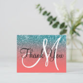 Koraal Blauwgroen Ombre Glitter Monogram Dank u we Briefkaart (Staand voorkant)