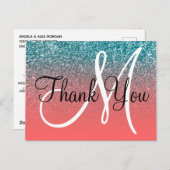 Koraal Blauwgroen Ombre Glitter Monogram Dank u we Briefkaart (Voorkant / Achterkant)