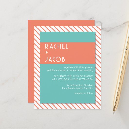 Koraal & Blauwgroen Retro Zomer Bruiloft Uitnodigi (Voorkant / Achterkant in situ)