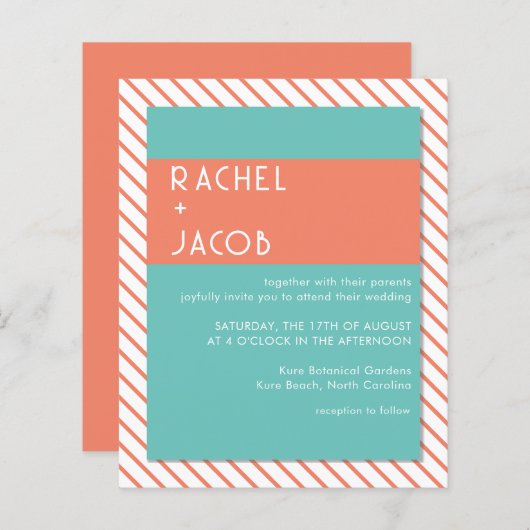 Koraal & Blauwgroen Retro Zomer Bruiloft Uitnodigi (Voorkant / Achterkant)