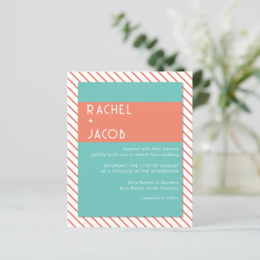 Koraal & Blauwgroen Retro Zomer Bruiloft Uitnodigi (Staand voorkant)