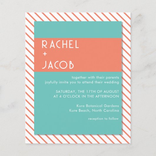 Koraal & Blauwgroen Retro Zomer Bruiloft Uitnodigi (Voorkant)