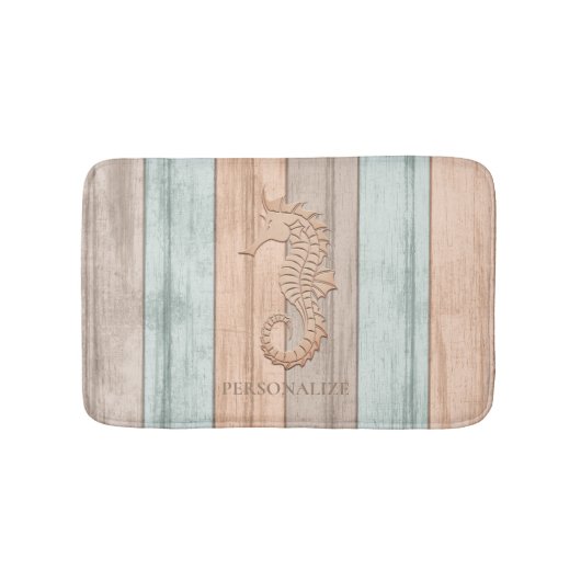 Koraal, Blauwgroen, & Tan Beach Hout / Zeepaardje Badmat (Voorkant)