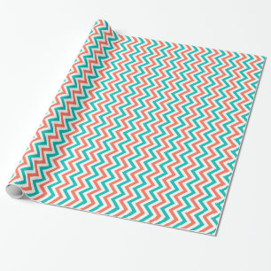 Koraal, Blauwgroen, wit groot Chevron ZigZag Patte Cadeaupapier