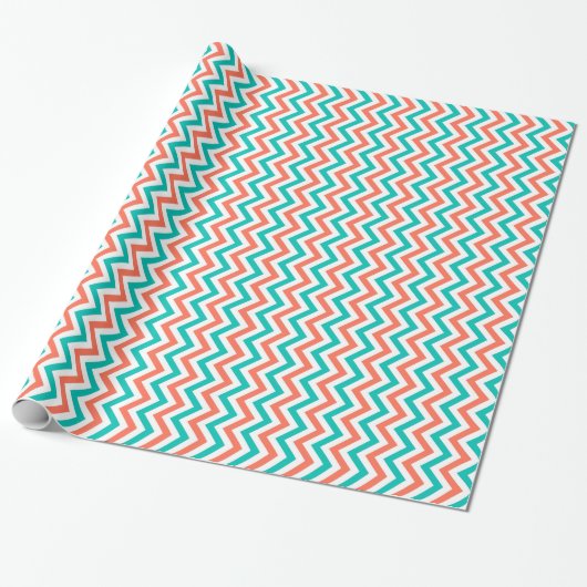 Koraal, Blauwgroen, wit groot Chevron ZigZag Patte Cadeaupapier (Uitgerold)