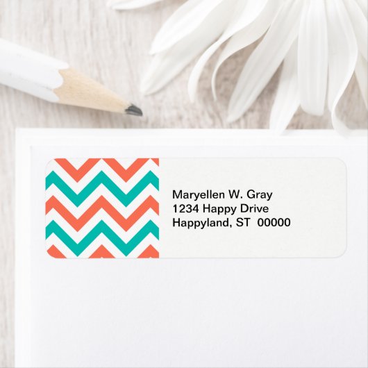 Koraal, Blauwgroen, wit groot Chevron ZigZag Patte Etiket (Insitu)