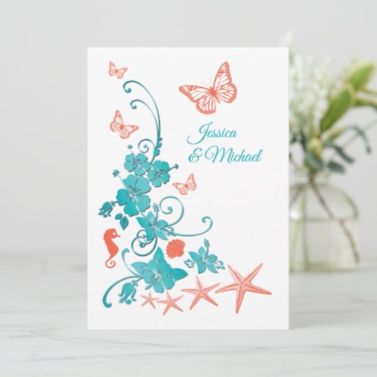 Koraal, Blauwgroen, Witte Bestemmingsbruiloft Kaart (Staand voorkant)
