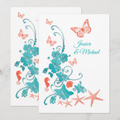 Koraal, Blauwgroen, Witte Bestemmingsbruiloft Kaart (Voorkant / Achterkant)