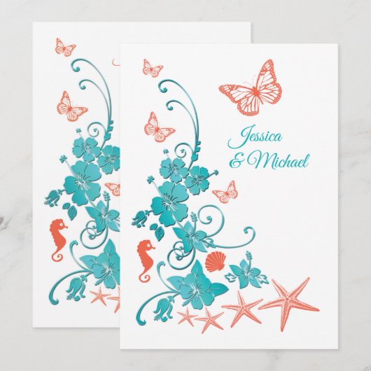 Koraal, Blauwgroen, Witte Bestemmingsbruiloft Kaart (Voorkant / Achterkant)