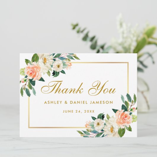Koraal Bloemen Goud Bruiloft Dank u Bedankkaart (Staand voorkant)