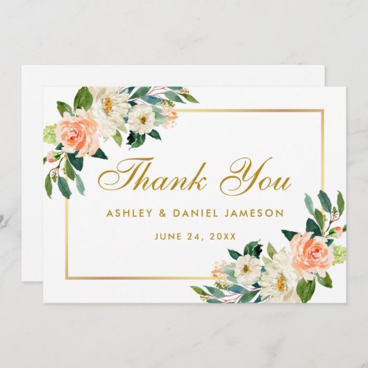 Koraal Bloemen Goud Bruiloft Dank u Bedankkaart (Voorkant / Achterkant)