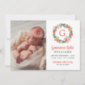 Koraal Bloemen Initiaal krans Baby Meisje Foto Geb Aankondiging (Voorkant)