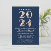 Koraal Bloemen Klasse van 2024 Navy Blue Afstudere Kaart (Staand voorkant)