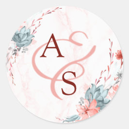 Koraal Bloemen Marmer Monogram Bruiloft Seal Ronde Sticker