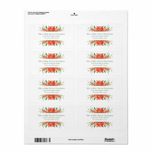 Koraal Bloemen Rozen Bruiloft Retouradres Labels (Full Sheet)