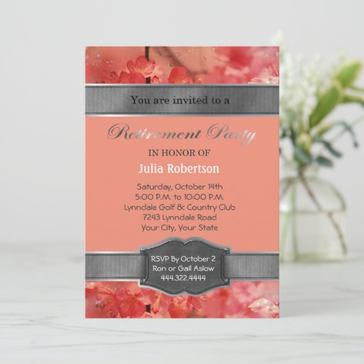 Koraal Bloemen Sparkle Pensioen Party Uitnodiginge Kaart (Staand voorkant)
