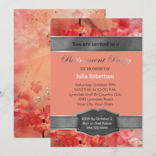 Koraal Bloemen Sparkle Pensioen Party Uitnodiginge Kaart (Voorkant / Achterkant)