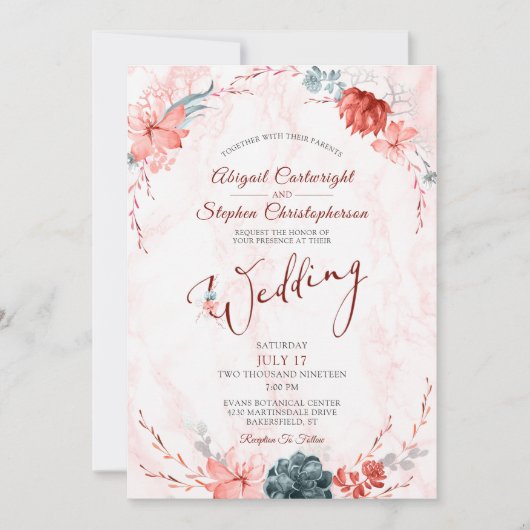 Koraal Bloemen Succulent Marmer Bruiloft Kaart (Voorkant)