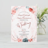 Koraal Bloemen Succulent Marmer Bruiloft Kaart (Staand voorkant)
