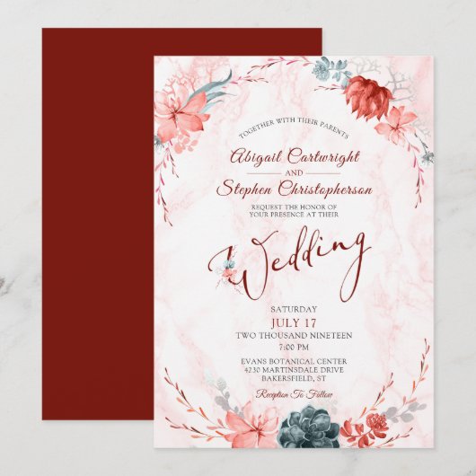 Koraal Bloemen Succulent Marmer Bruiloft Kaart (Voorkant / Achterkant)