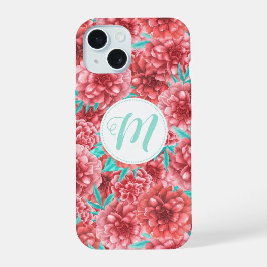 Koraal Bloemmotief & Monogram iPhone 15 Case (Achterkant)