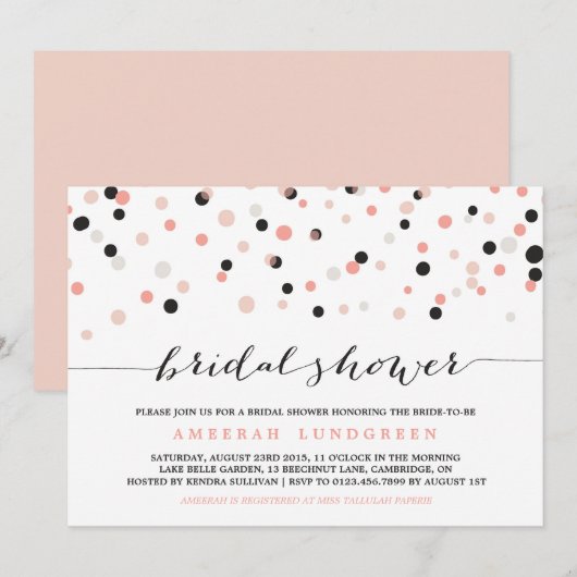Koraal Blush Confetti Stippen Bridal Shower Invita Kaart (Voorkant / Achterkant)