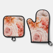 Koraal Blush Roze Pioenen Bloemen Patroon Ovenwant & Pannenlap Set (Voorkant)