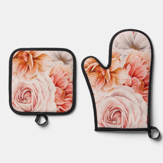 Koraal Blush Roze Pioenen Bloemen Patroon Ovenwant & Pannenlap Set (Voorkant)
