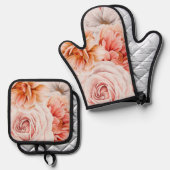 Koraal Blush Roze Pioenen Bloemen Patroon Ovenwant & Pannenlap Set (Voorkant / Achterkant)