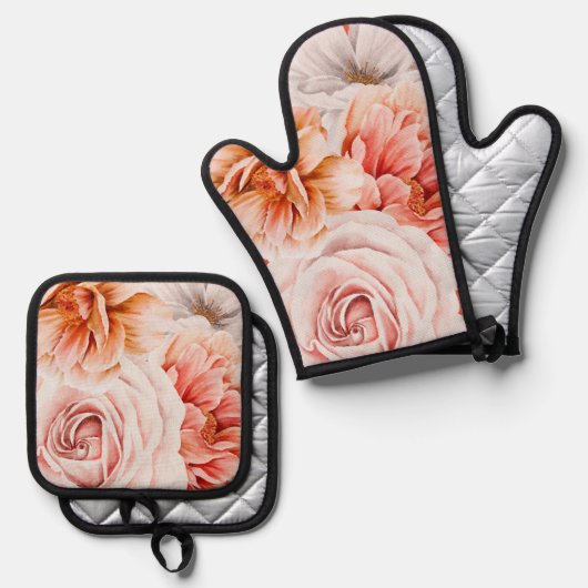 Koraal Blush Roze Pioenen Bloemen Patroon Ovenwant & Pannenlap Set (Voorkant / Achterkant)