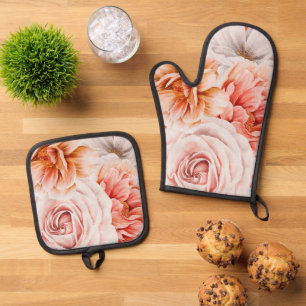 Koraal Blush Roze Pioenen Bloemen Patroon Ovenwant & Pannenlap Set