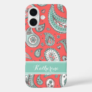 Koraal Bohemian Paisley Custom Monogram iPhone 16 Hoesje