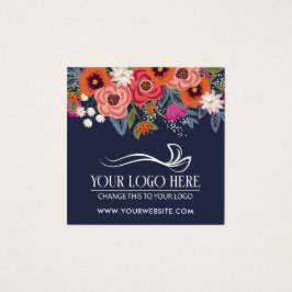 Koraal Boho Bloemen Navy Blauwe Product Hangtag Vierkante Visitekaartjes