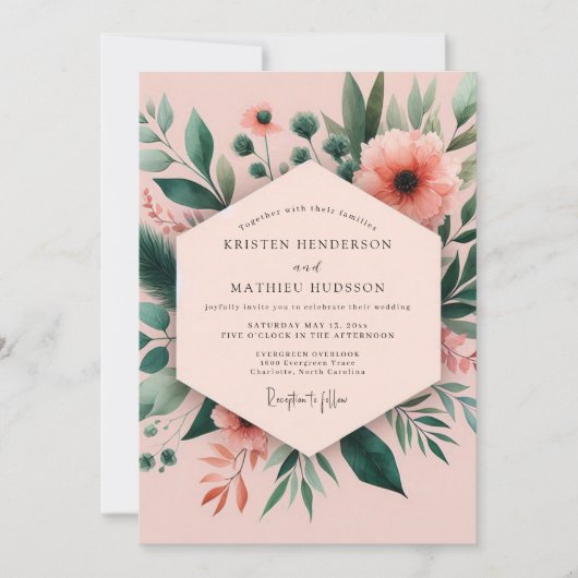 Koraal Botanisch Whimsy Huwelijk Kaart (Voorkant)