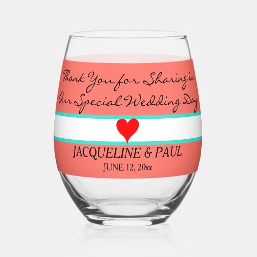 Koraal bruiloft gunsten Monogram rood hart Wijnglas Zonder Voet (Voorkant)
