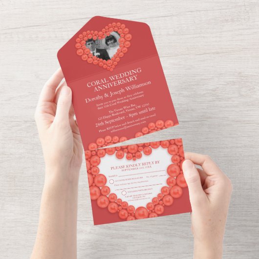 Koraal bruiloft jubileum 35 jaar feest evenement all in one uitnodiging (Afscheurbaar)