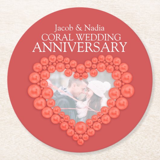 Koraal bruiloft jubileum hart foto onderzetters (Voorkant)