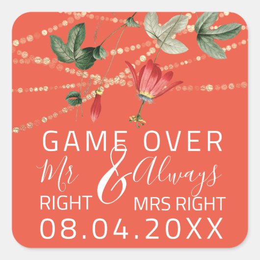 Koraal bruiloft Mr. Right Altijd Mrs. Right Game O Vierkante Sticker (Voorkant)