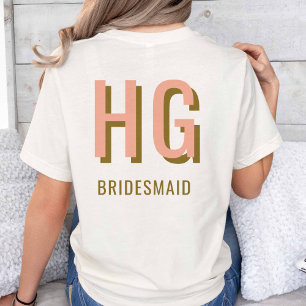 Koraal + Bruin Monogram Bruiloftsfeest Bruidsmeisj T-shirt