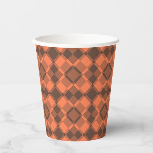 Koraal Bruine Geruite Argyle Patroon Papieren Bekers (Voorkant)