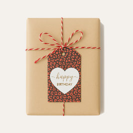 Koraal Bruine Luipaardprint Hart Gelukkige Verjaar Cadeaulabel