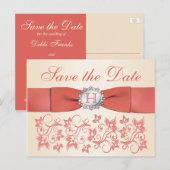 Koraal, Champagne Floral Save the Date Briefkaart (Voorkant / Achterkant)