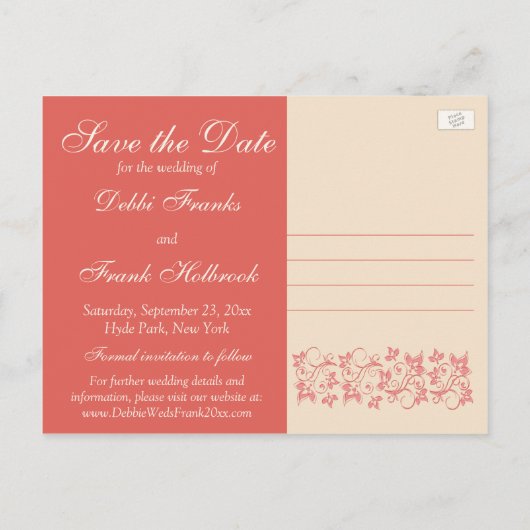 Koraal, Champagne Floral Save the Date Briefkaart (Achterkant)
