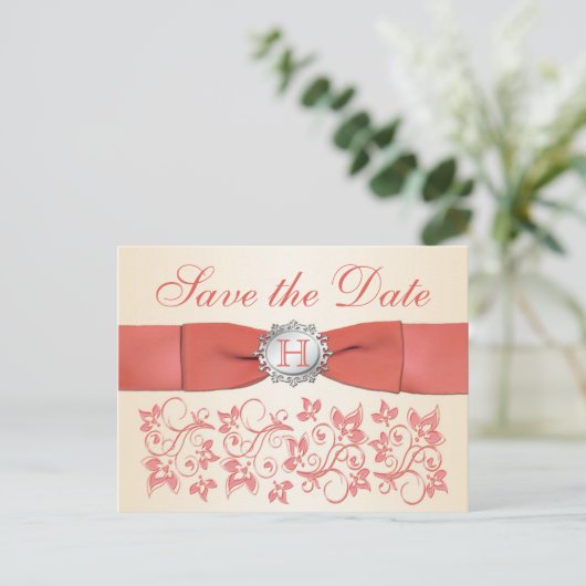 Koraal, Champagne Floral Save the Date Briefkaart (Staand voorkant)