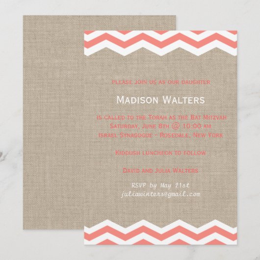 Koraal Chevrons op Burlap Bat Mitzvah Uitnodiging (Voorkant / Achterkant)